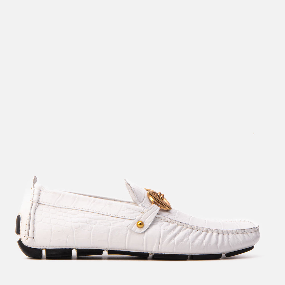 The Pisa White Leather Bit Drive Loafer Shoe - Vinci Leather