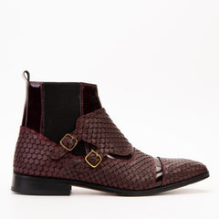 The Orion Burgundy Snakeskin Pattern Leather Double Monk Strap Boot - Vinci Leather