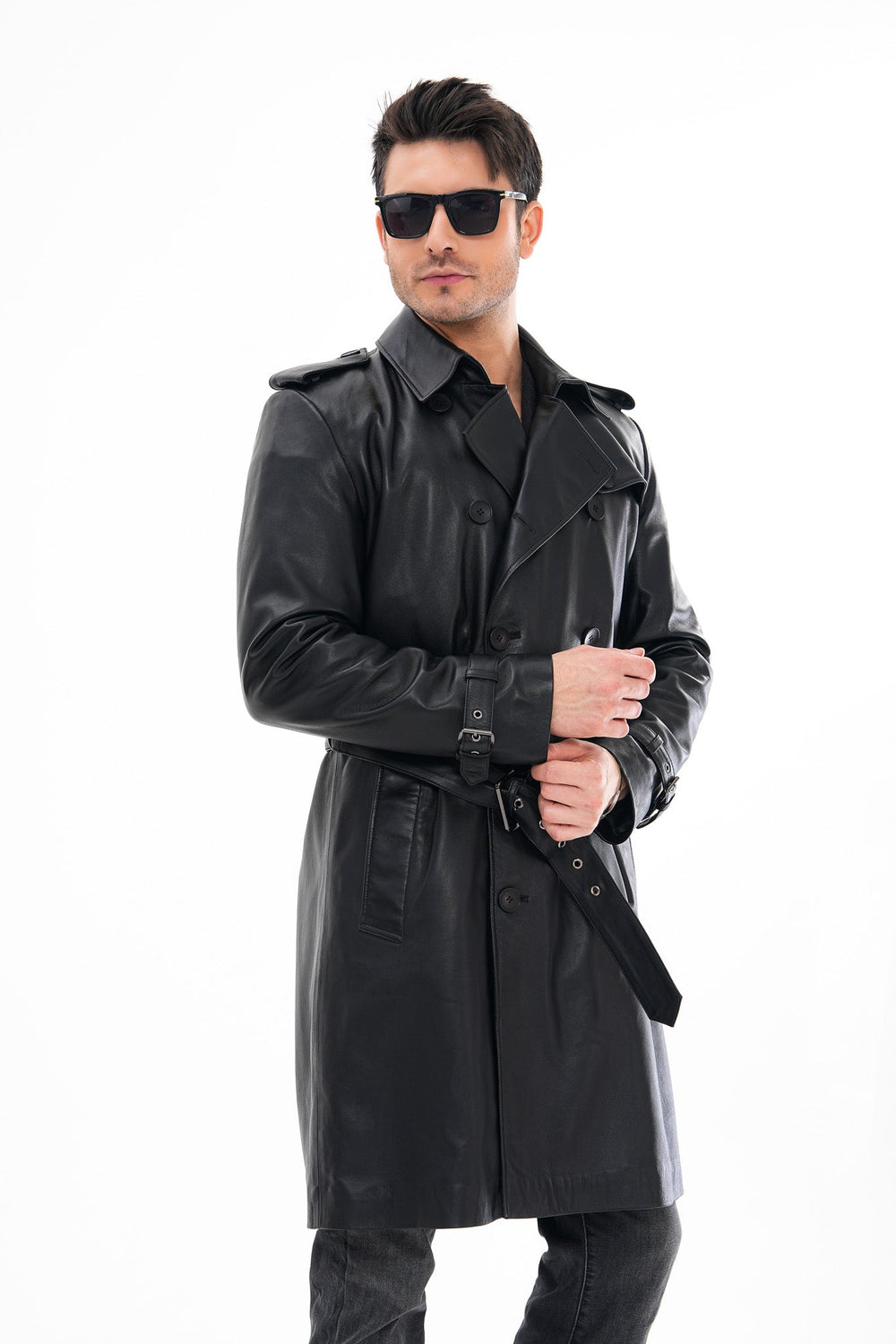 The Firenze Black Leather Leather Trench Coat Jacket - Vinci Leather