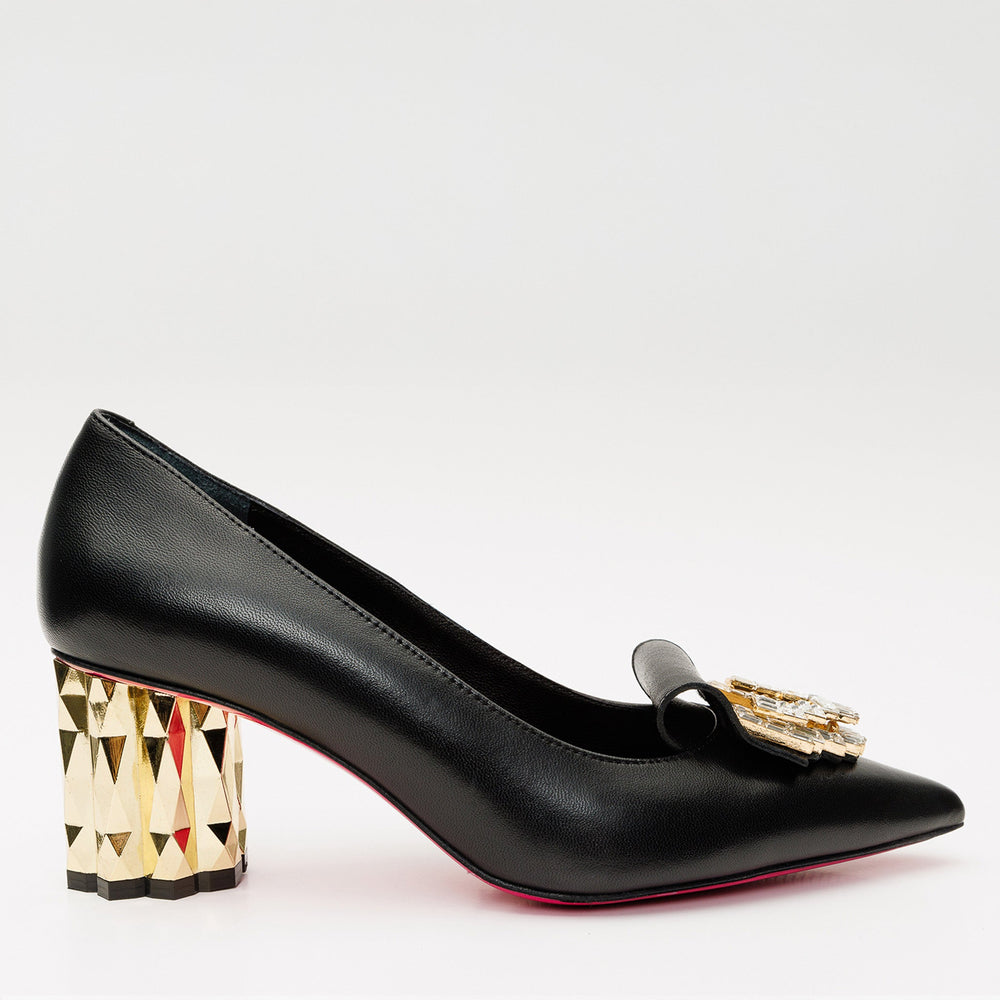 The Love Black Leather Block Heel Pump Shoe - Vinci Leather