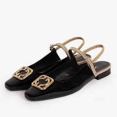 The Rosalinda Black Leather Flat Slingback Sandal - Vinci Leather