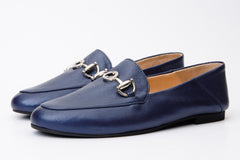 Luanda Navy Blue Leather Flat Shoe - Vinci Leather