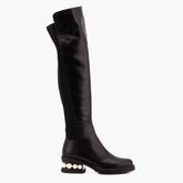 The Valeria Pearl Heel Knee-High Black Leather Boot - Vinci Leather