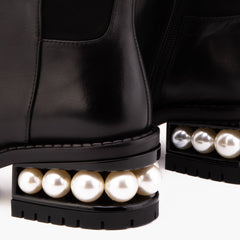 The Valeria Pearl Heel Knee-High Black Leather Boot - Vinci Leather