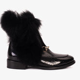 The Izmir Black Patent Leather Natural Fur Mid Calf Boot - Vinci Leather