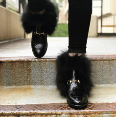 The Izmir Black Patent Leather Natural Fur Mid Calf Boot - Vinci Leather