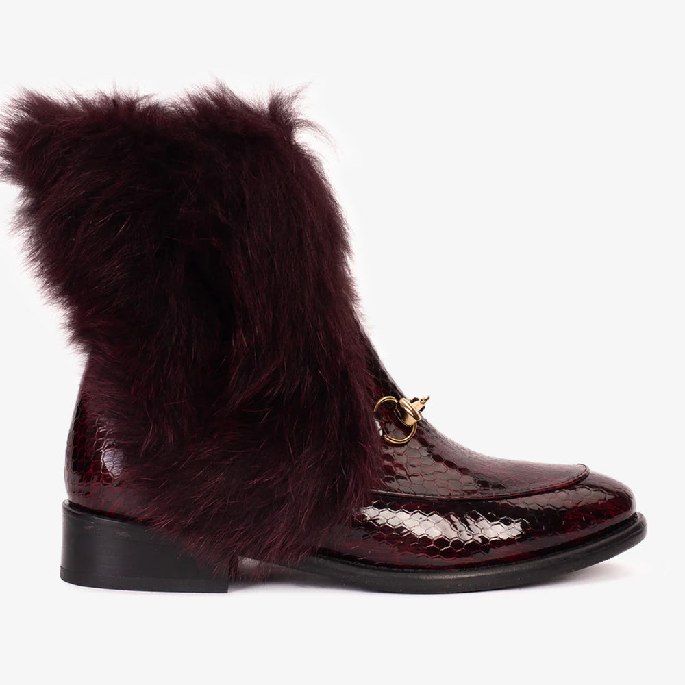 The Izmir Burgundy Patent Leather Natural Fur Mid Calf Boot - Vinci Leather