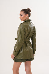 The Caelith Olive Green Leather Trench Jacket - Vinci Leather