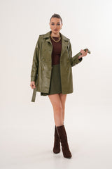 The Caelith Olive Green Leather Trench Jacket - Vinci Leather
