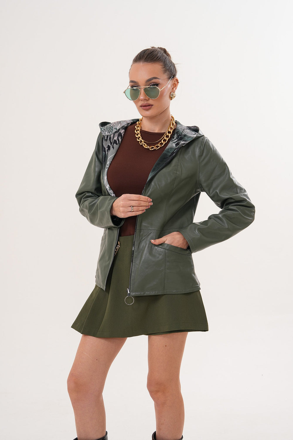 The Avelyn Reversible Olive Green Leather Jacket - Vinci Leather