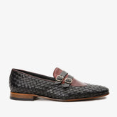 The Vatra Black Burgundy Woven Double Monk Strap Shoe - Vinci Leather
