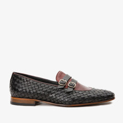 The Vatra Black Burgundy Woven Double Monk Strap Shoe - Vinci Leather
