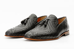 The Meram Black Leather Tassel Slip-On Loafer Shoe - Vinci Leather