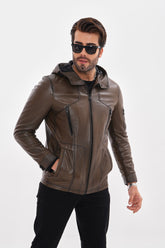 The Veneto Khaki Leather Hooded Jacket - Vinci Leather