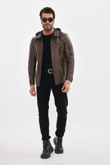 The Veneto Khaki Leather Hooded Jacket - Vinci Leather