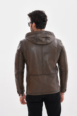 The Veneto Khaki Leather Hooded Jacket - Vinci Leather