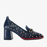 The Infanta Navy Blue Spike Leather Block Heel Pump Shoe - Vinci Leather