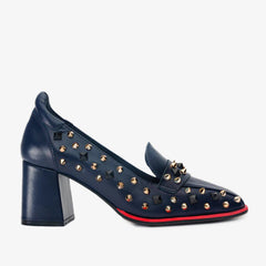 The Infanta Navy Blue Spike Leather Block Heel Pump Shoe - Vinci Leather