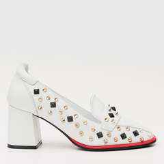 The Infanta White Spike Leather Block Heel Pump Shoe - Vinci Leather