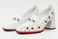 The Infanta White Spike Leather Block Heel Pump Shoe - Vinci Leather