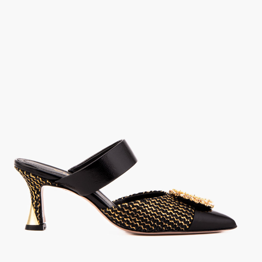 The Valencia Black Gold Jewel Heel Mule Sandal - Vinci Leather