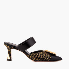The Valencia Black Gold Jewel Heel Mule Sandal - Vinci Leather
