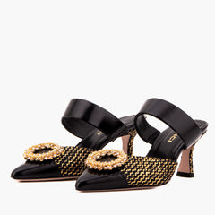 The Valencia Black Gold Jewel Heel Mule Sandal - Vinci Leather