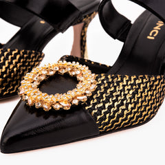The Valencia Black Gold Jewel Heel Mule Sandal - Vinci Leather
