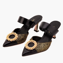 The Valencia Black Gold Jewel Heel Mule Sandal - Vinci Leather