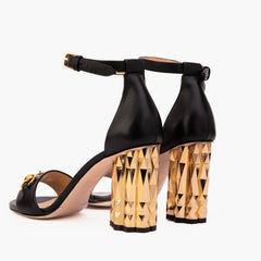 The Avlonya Block Heel Black Leather Ankle Strap Sandal - Vinci Leather