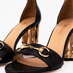 The Avlonya Block Heel Black Leather Ankle Strap Sandal - Vinci Leather