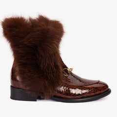 The Izmir Brown Patent Leather Natural Fur Mid Calf Boot - Vinci Leather