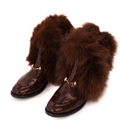 The Izmir Brown Patent Leather Natural Fur Mid Calf Boot - Vinci Leather