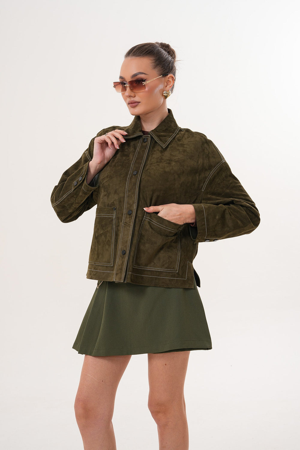 The Solviera Reversible Olive Suede Leather Jacket - Vinci Leather