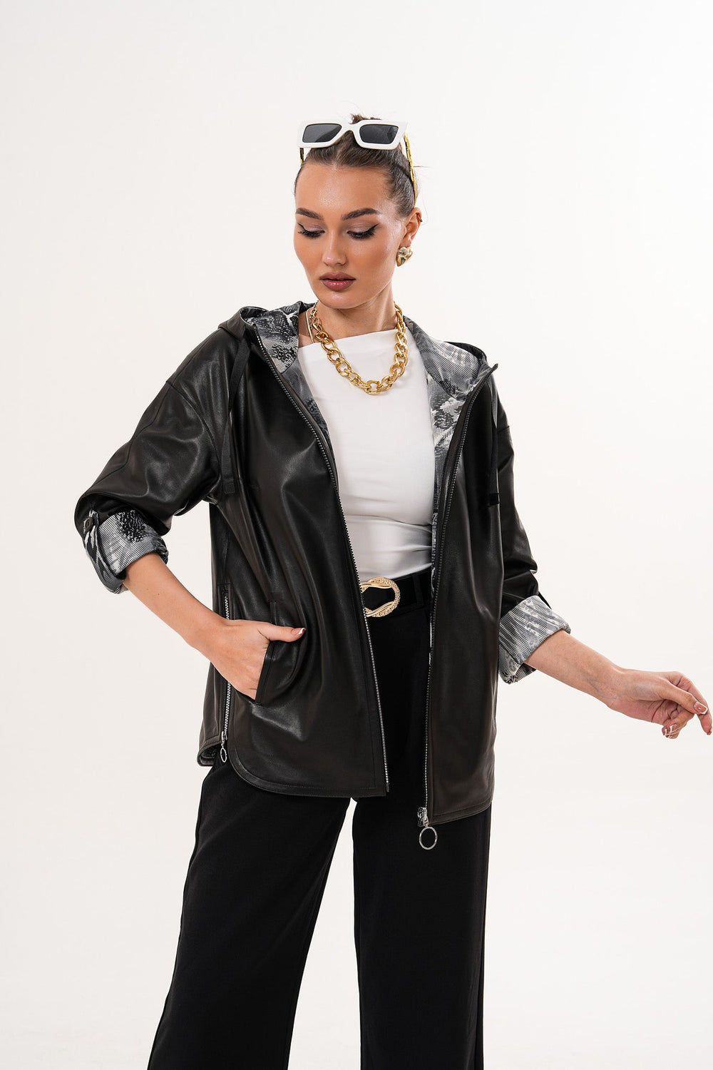 The Nyxara Reversible Hooded Black Leather Jacket - Vinci Leather