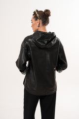The Nyxara Reversible Hooded Black Leather Jacket - Vinci Leather