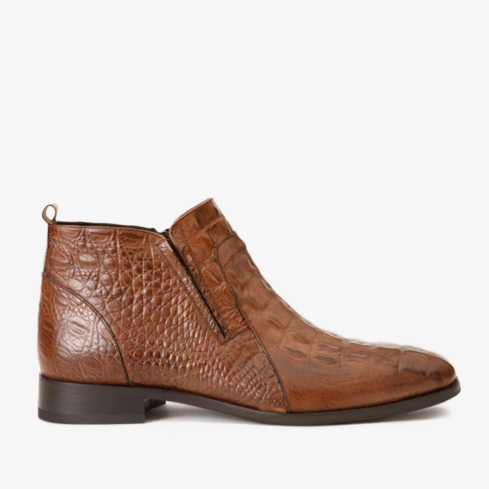 The Randor Brown Crocodile Leather Side-Zip Dress Ankle Boot - Vinci Leather