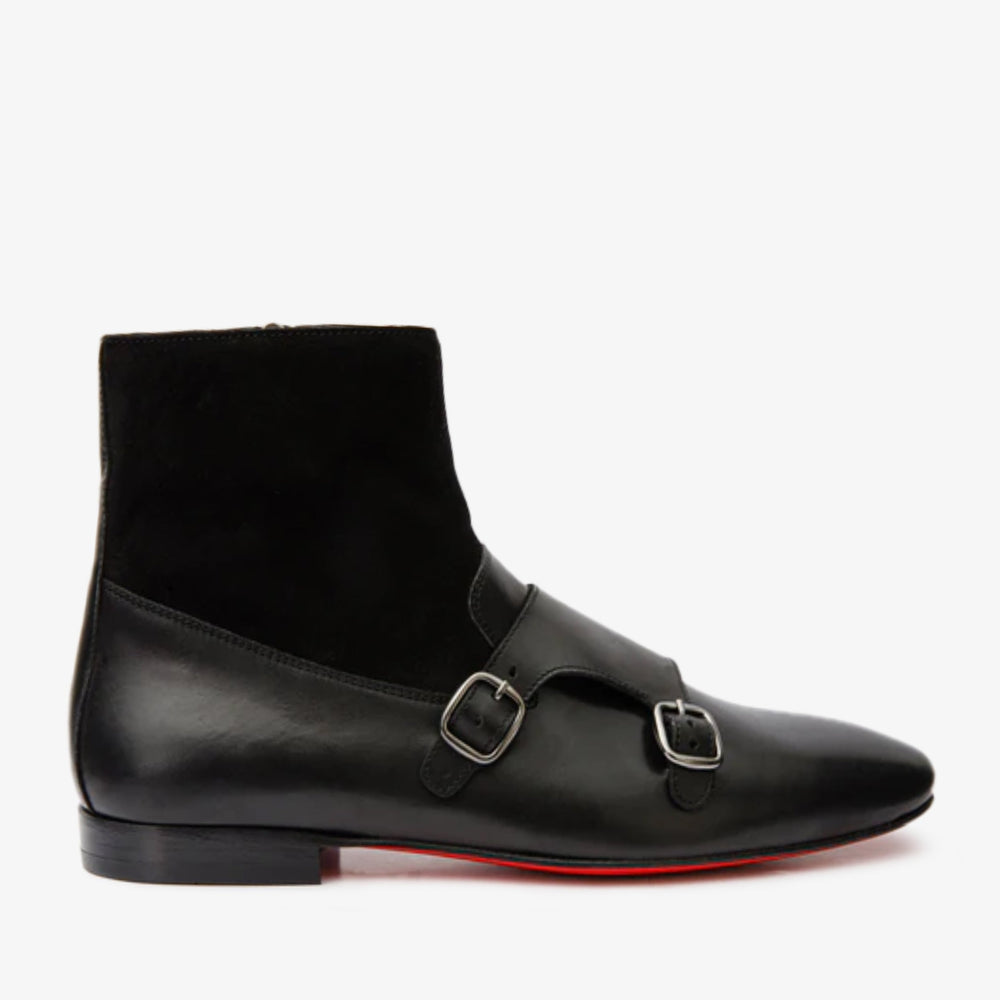 Preston Black Leather Suede Double Monk Strap Ankle Boot - Vinci Leather