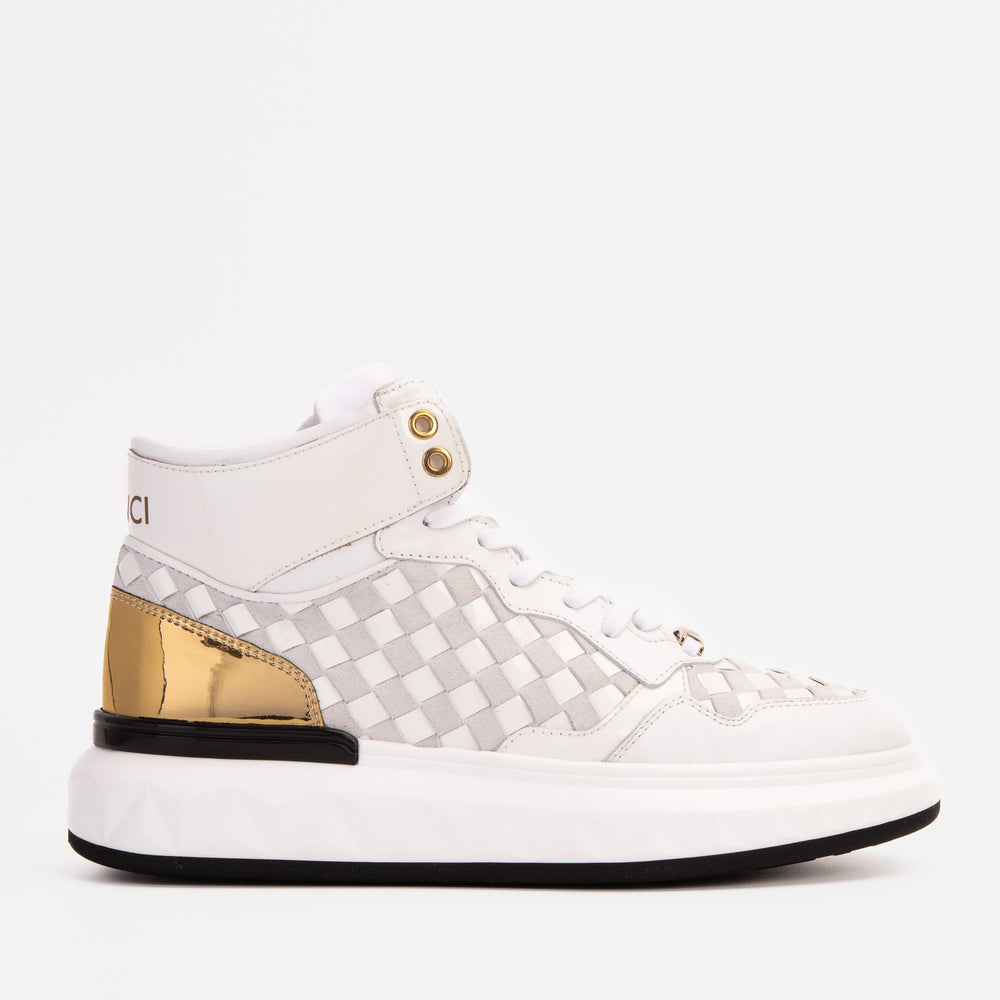 The Eugene White Gold Woven Leather High-Top Sneaker - Vinci Leather