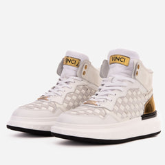 The Eugene White Gold Woven Leather High-Top Sneaker - Vinci Leather