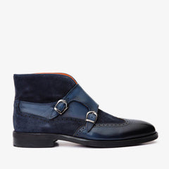 The Albus Navy Blue Leather Suede Double Strap Monk Brogue Boot - Vinci Leather