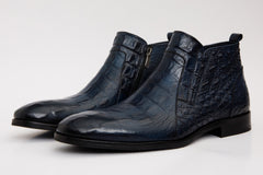The Randor Navy Blue Crocodile Leather Side-Zip Dress Ankle Boot - Vinci Leather