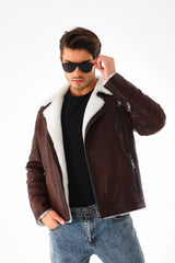 The Cortina Brown White Shearling Leather Jacket - Vinci Leather