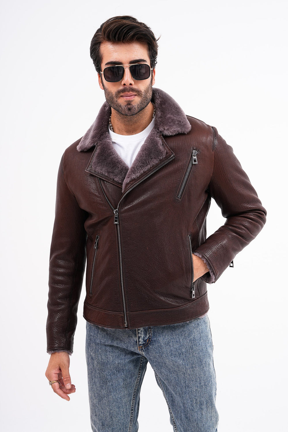 The Cortina Brown Shearling Leather Jacket - Vinci Leather