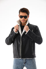 The Cortina Black Shearling Leather Jacket - Vinci Leather
