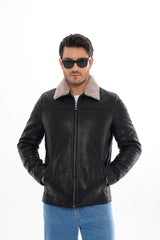 The Sarnico Black Shearling Collar Leather Jacket - Vinci Leather
