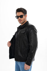 The Mantua Black Pebbled Leather Jacket - Vinci Leather
