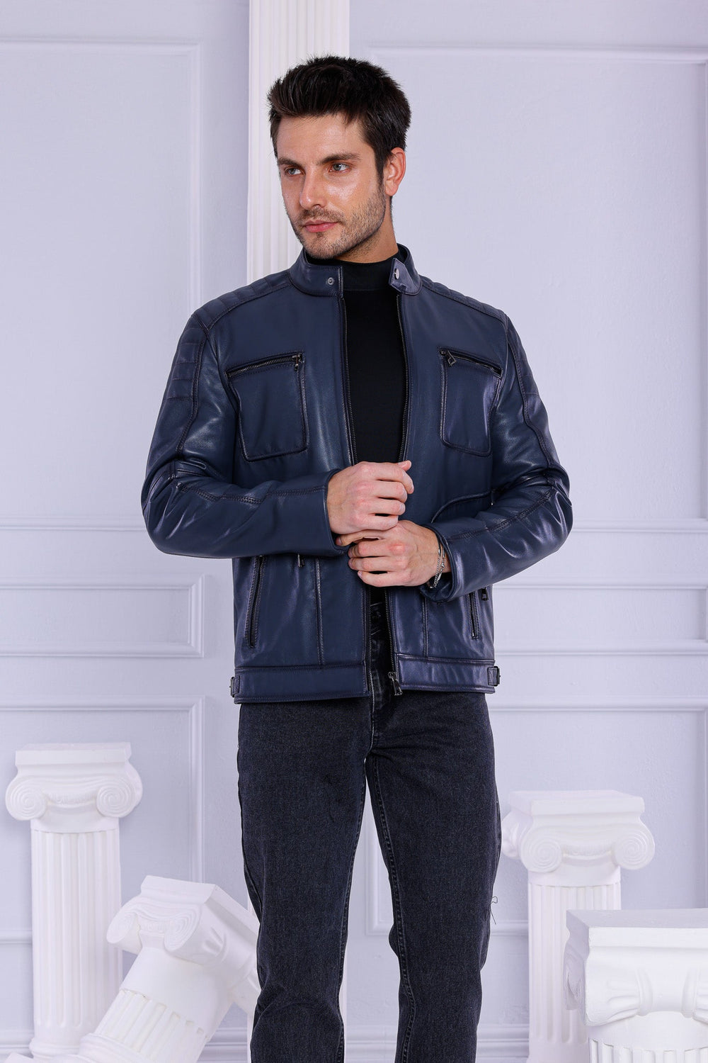 The Argento Navy Blue Leather Jacket - Vinci Leather
