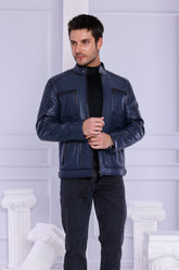 The Argento Navy Blue Leather Jacket - Vinci Leather