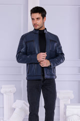 The Argento Navy Blue Leather Jacket - Vinci Leather